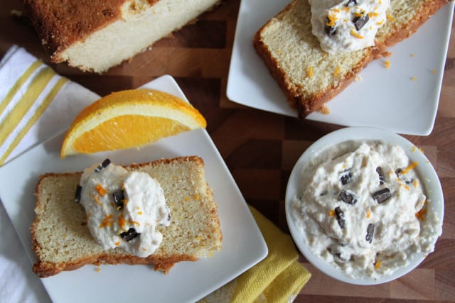 orange ricotta pound cake with orange scented ricotta cream