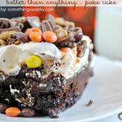 It's BTS cake revisted in Reese's form! Chocolate cake, topped with PB Chocolate ganache, smothered in PB whipped cream, and topped with Reese's Pieces and PB Cups | www.somethingswanky.com