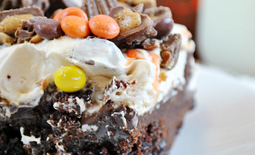 It's BTS cake revisted in Reese's form! Chocolate cake, topped with PB Chocolate ganache, smothered in PB whipped cream, and topped with Reese's Pieces and PB Cups | www.somethingswanky.com