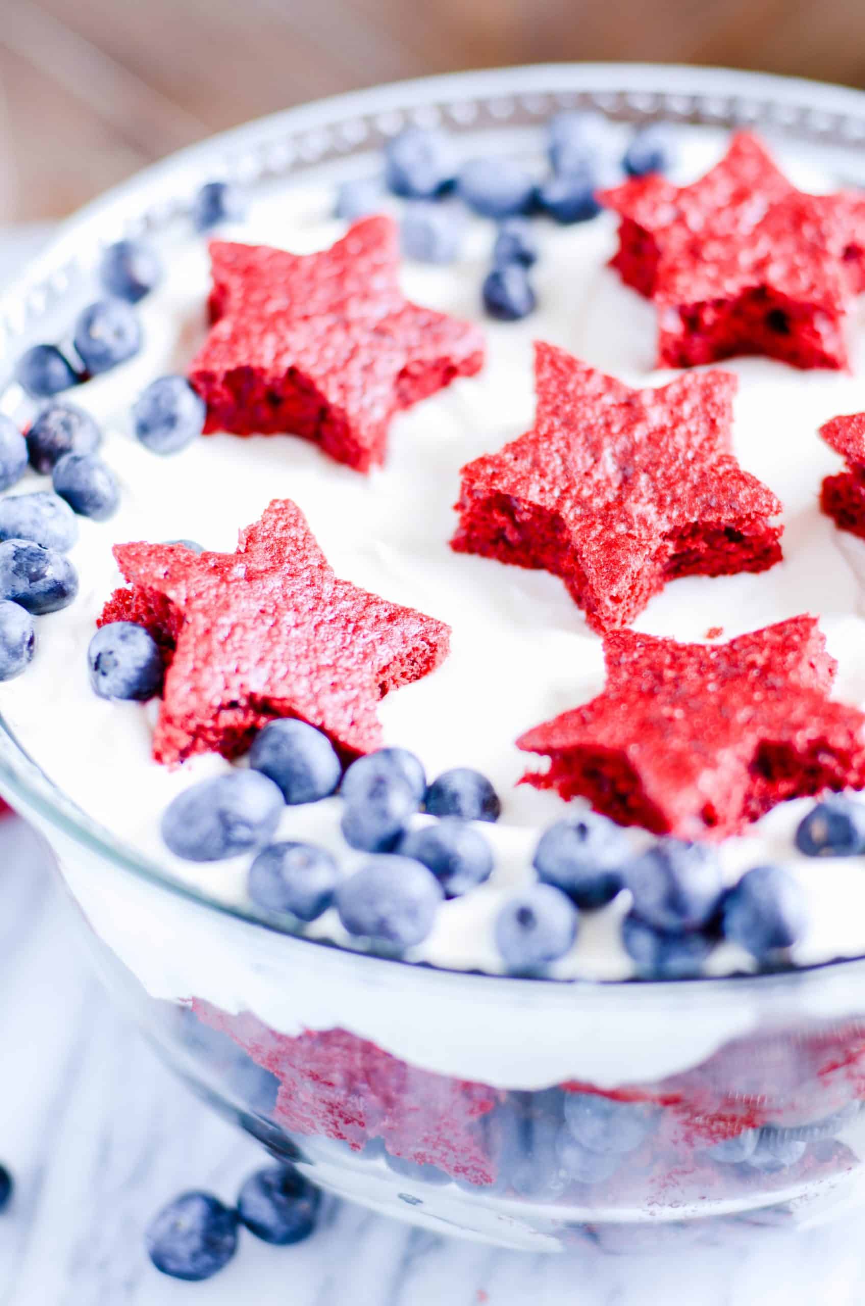 Red Velvet, White, and Blueberry Cheesecake Trifle Recipe - Something Swanky