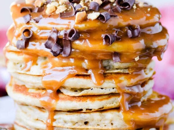 Banana Chocolate Chip Pancakes with Peanut Butter Syrup Recipe