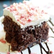 A fudgy peppermint brownie pie topped with white frosting and candy cane bits.