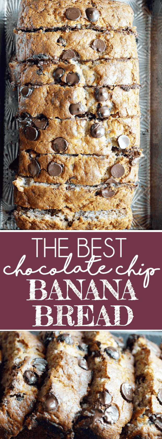 My mom's banana bread is full of chocolate chips and is SUPER soft and moist thanks to 4 whole bananas and a little bit of oil. It's the best!