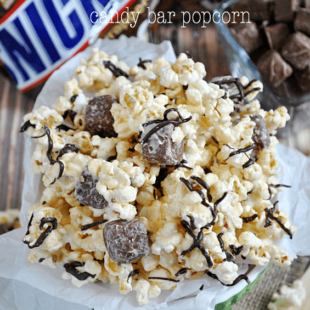 Peanut Butter Candy Bar Popcorn with Snickers and Milky Way Bites Recipe