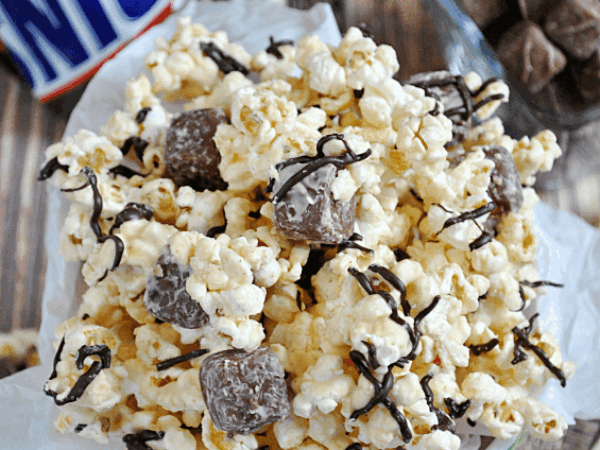 Peanut Butter Candy Bar Popcorn with Snickers and Milky Way Bites Recipe