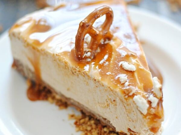 No Bake Peanut Butter & Caramel Cheesecake with Pretzel Crust