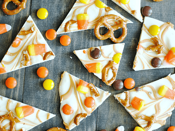 PB Candy Corn Pretzel Bark Recipe