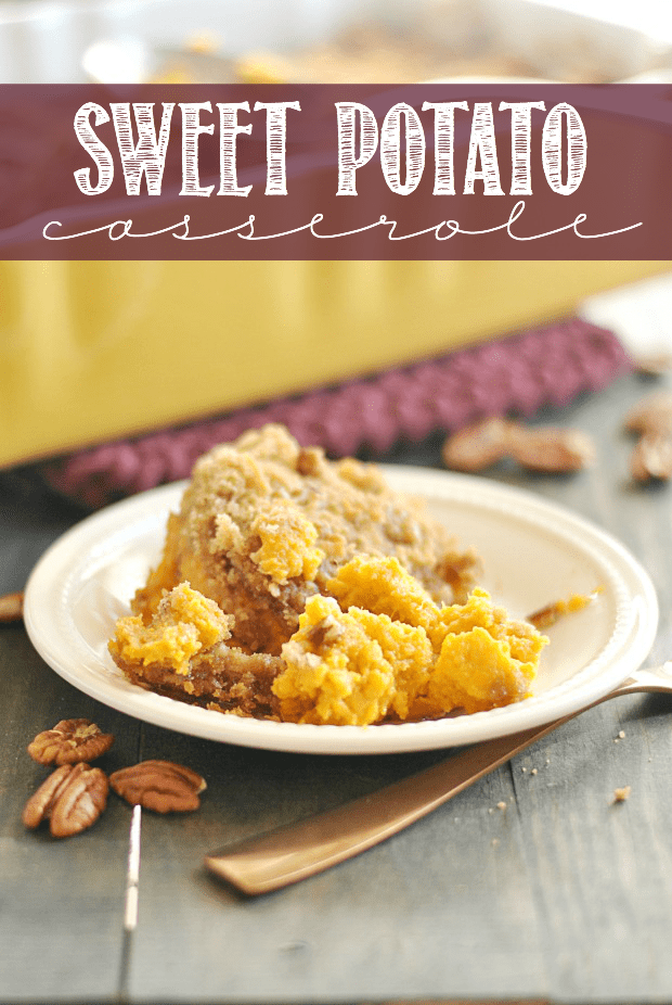 This is my grandmother's recipe for Sweet Potato Casserole, and it's perfect! I love the pecan, brown sugar, and coconut crumbly topping the best!