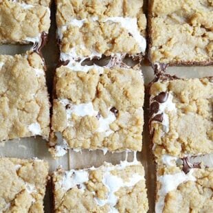 Soft, chewy, and slightly crunchy graham cracker cookie bars with a marshmallow swirl and semi-sweet chocolate chips.