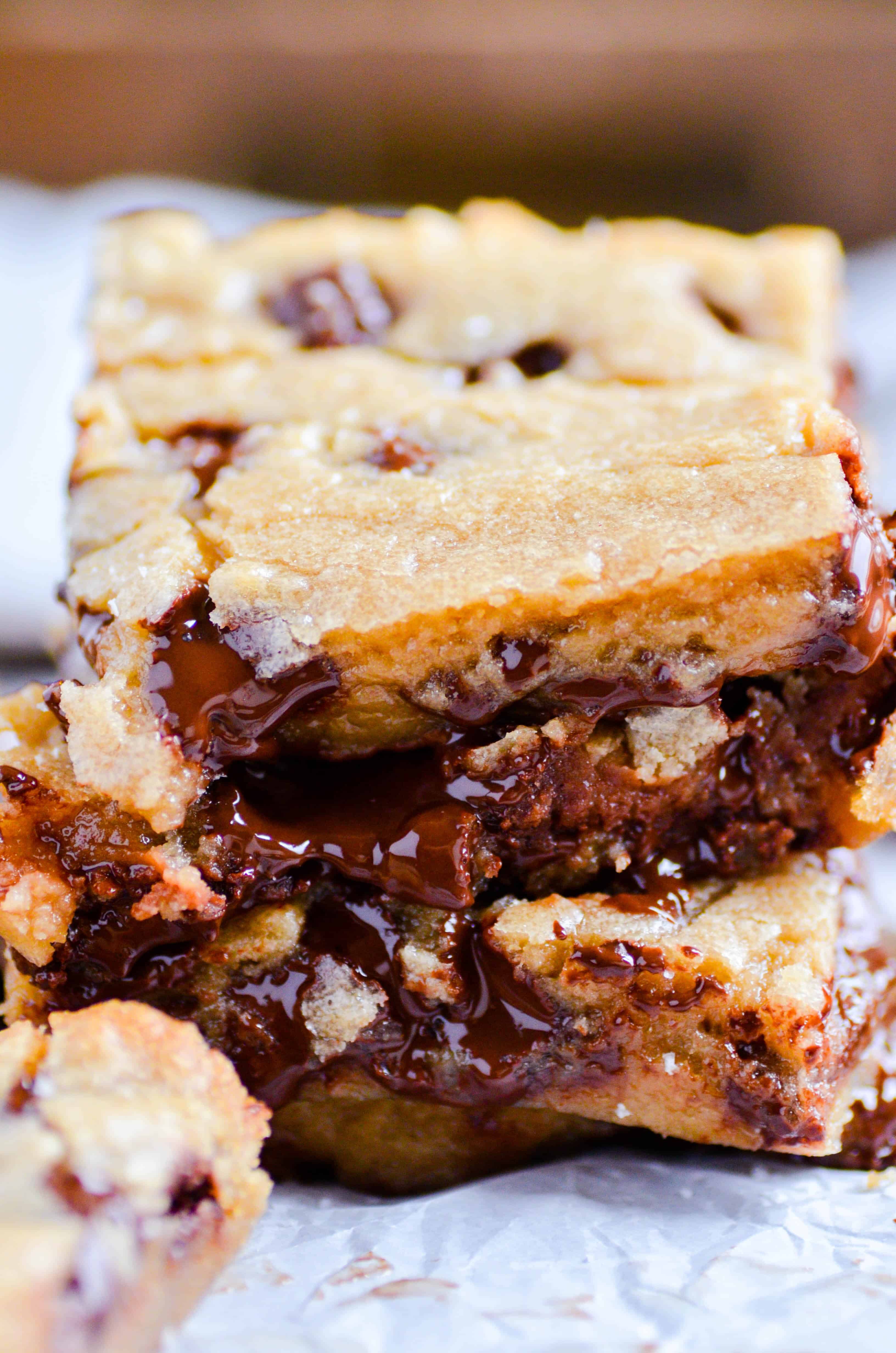 These chewy, fudgy chocolate chip blondies require no mixer and very little prep work. Their crackly golden tops and gooey centers are utter perfection!