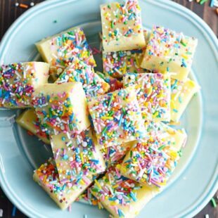 No thermometer for this easy fudge! All you need are a few simple ingredients and a love of sprinkles.