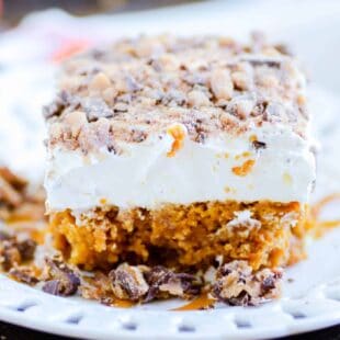 This Pumpkin Caramel Poke Cake is your new favorite Fall staple!