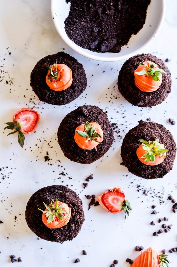 Chocolate cupcakes with whipped chocolate ganache dipped in Oreo crumbs and topped with a candy coated strawberry (that looks like a carrot!). These dirt cupcakes are perfect for springtime!