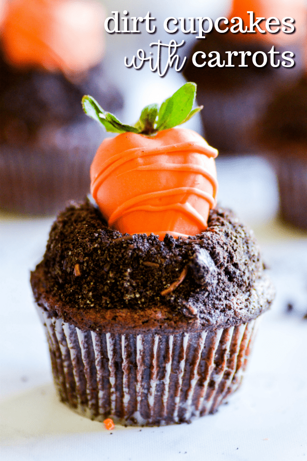 Chocolate cupcakes with whipped chocolate ganache dipped in Oreo crumbs and topped with a candy coated strawberry (that looks like a carrot!). These dirt cupcakes are perfect for springtime!