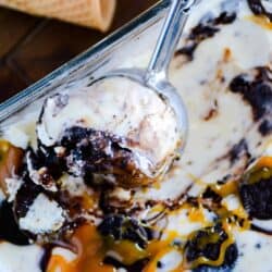 Homemade Cookies & Cream ice cream swirled with salted caramel and fudge. No machine required!