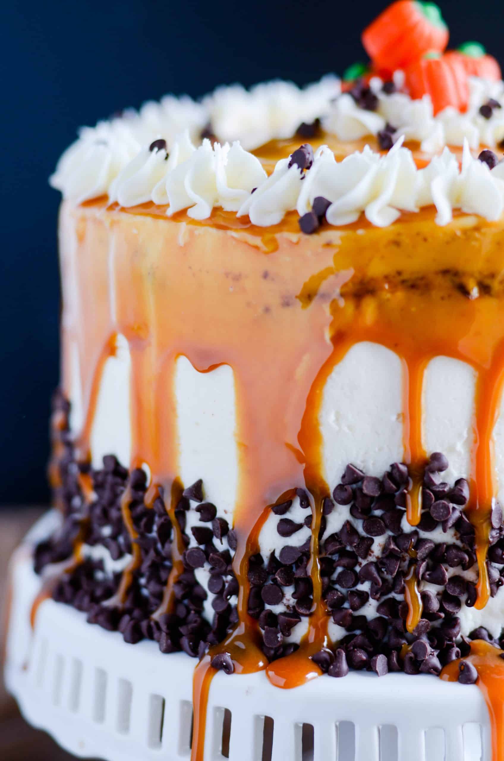 You have to try this cake made with layers of pumpkin cake and pumpkin chocolate cake and cream cheese frosting. And don't forget the butterscotch caramel!!