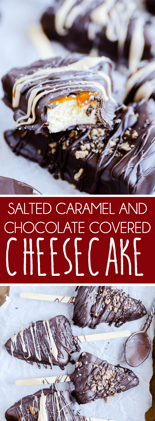 My new favorite 3-step cheesecake covered in chocolate, stuffed with salted caramel, and sprinkled with toffee.