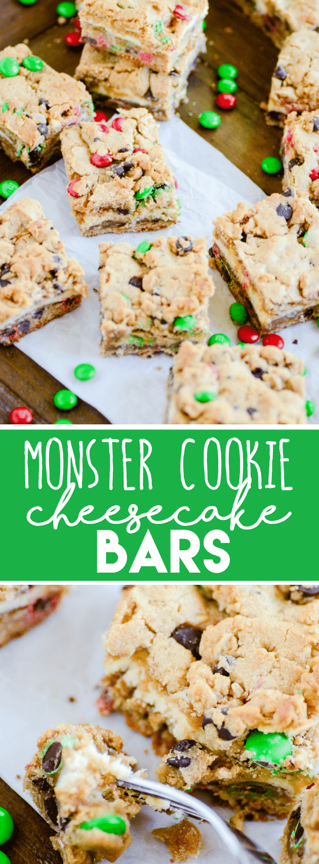 A layer of delicious, creamy cheesecake in between two layers of monster cookies.
