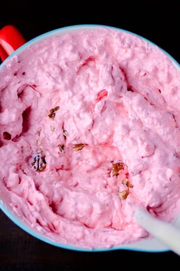 Overhead photo of pink jello salad