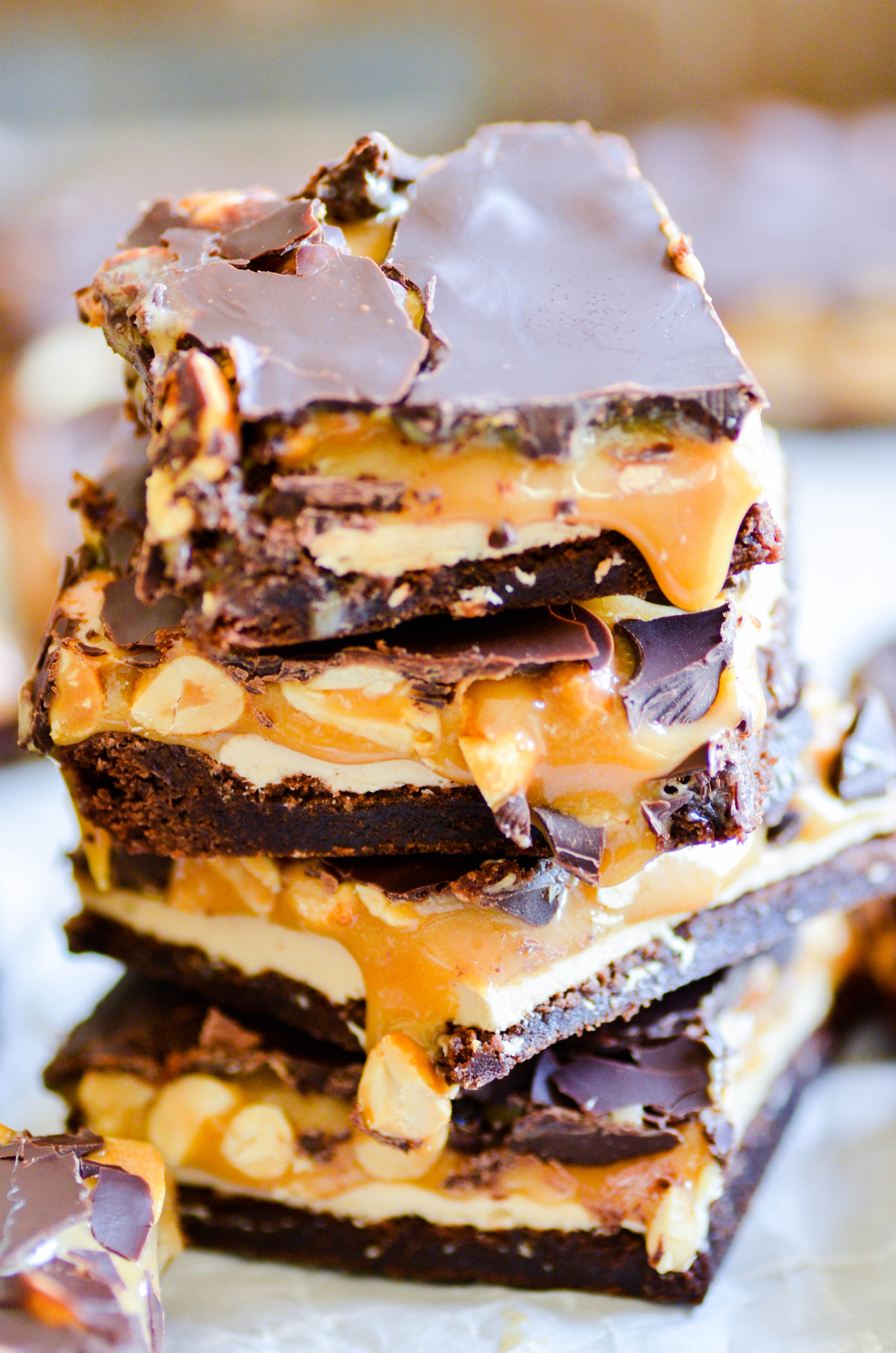 Rich and fudgy brownies masquerading as Snickers Bars.