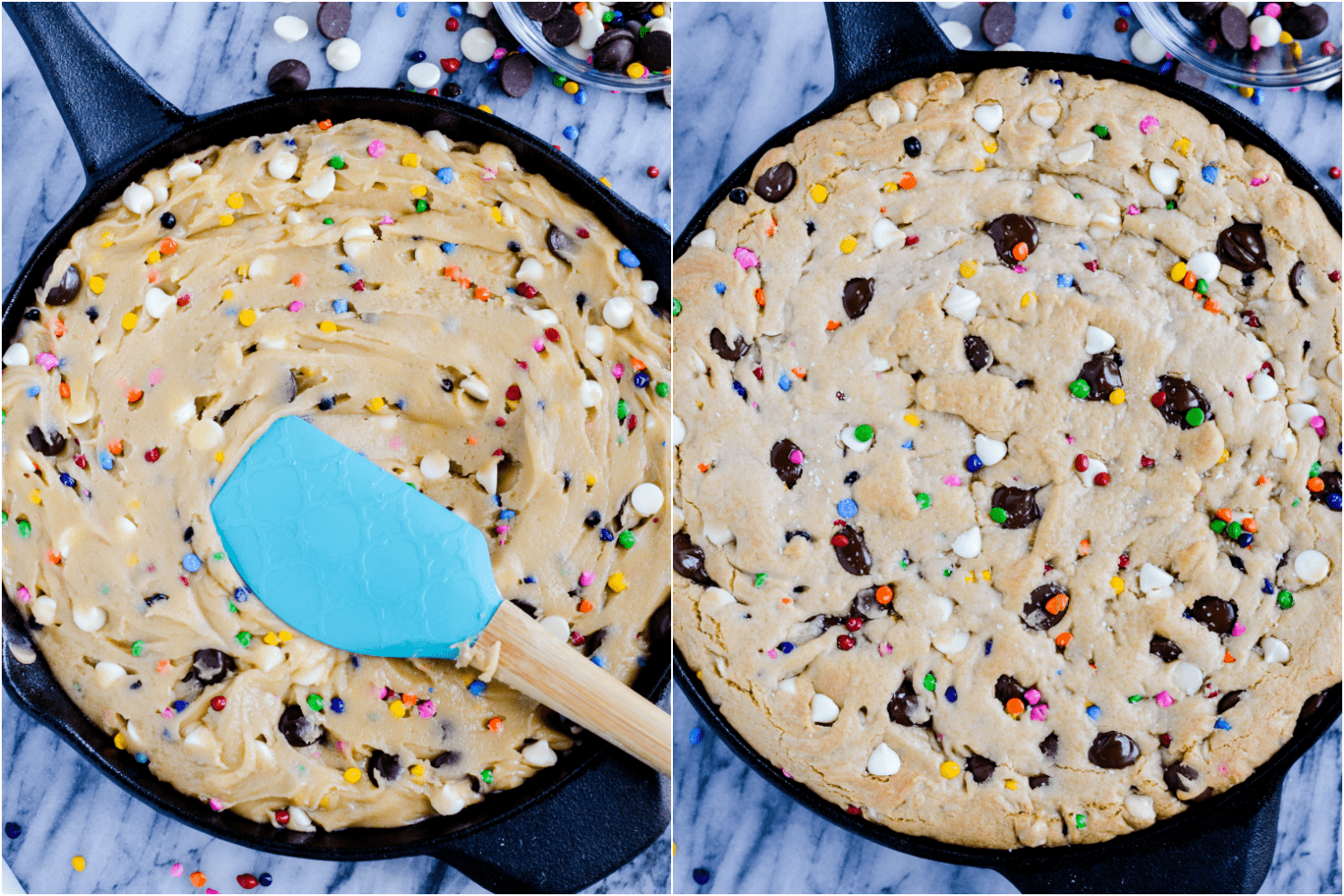 The most perfect dessert of all time is a warm, gooey, gigantic chocolate chip cookie filled with rainbow chips and topped with ice cream. How can it possibly get better than this?!
