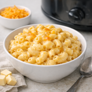 This 5 ingredient slow cooker mac and cheese is creamy, cheesy, and SO easy! Toss it in and walk away. Dinner is basically done! 🧀