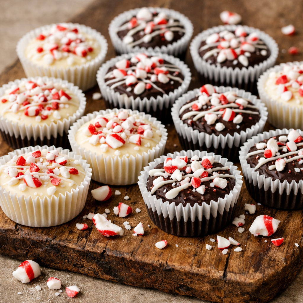 Assortment of peppermint bark cups in white mini cupcake liners arranged on a rustic wooden board, topped with crushed red and white candy canes and white chocolate drizzle