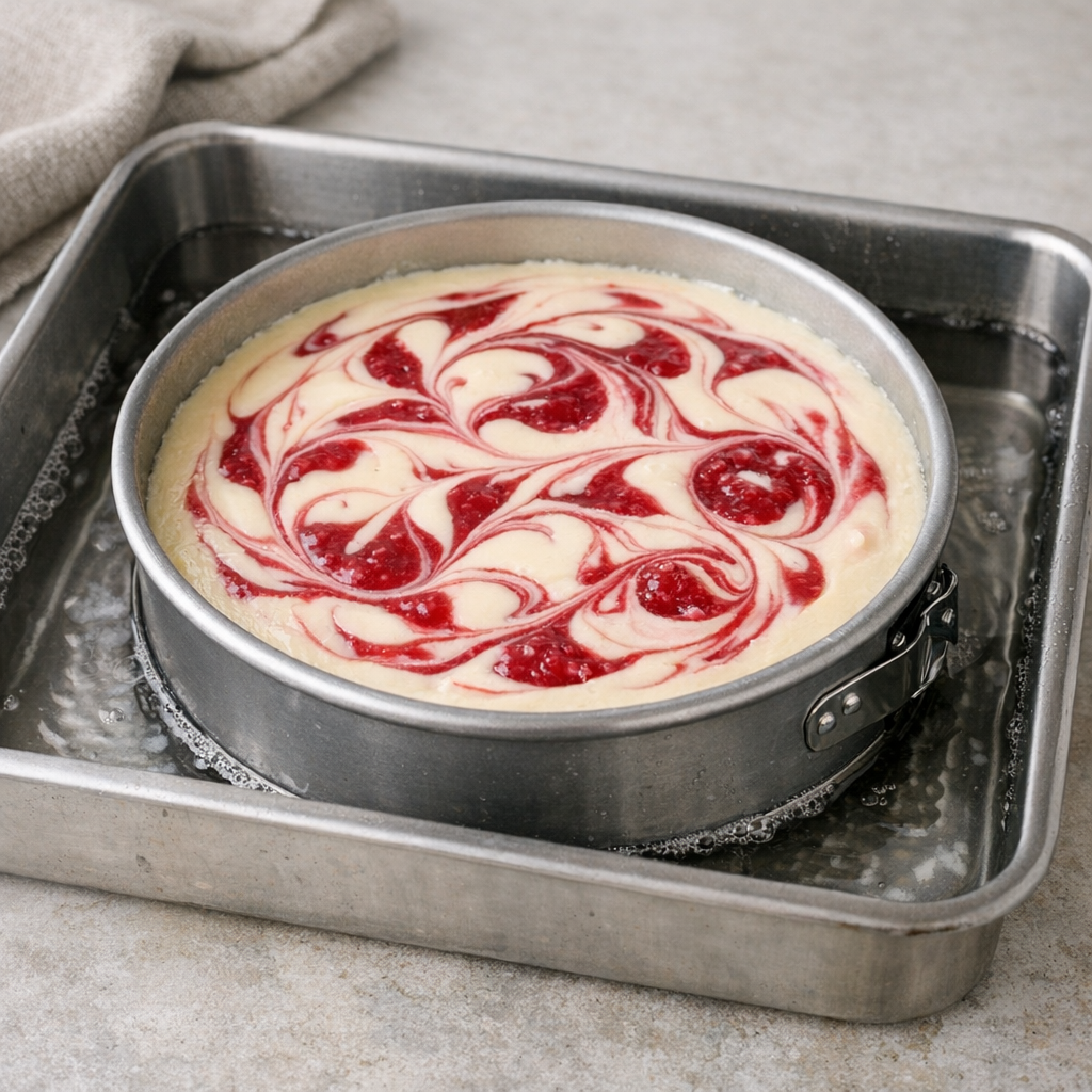 Cheesecake pan in a water bath with raspberry swirl batter ready to bake