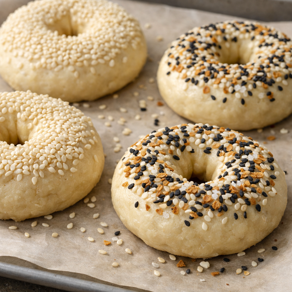 Close up of bagels topped with sesame seeds and bagel seasoning before baking