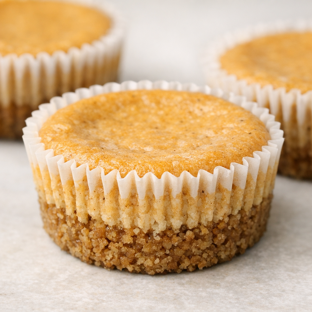 Close-up of a buttery graham cracker crust pressed into mini cheesecake cups with pumpkin filling above it