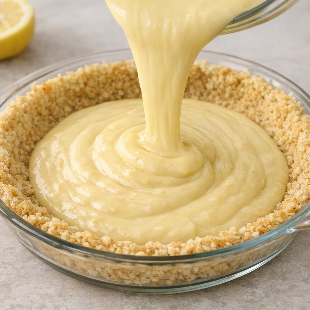 Close-up of creamy lemon pie filling being poured into a saltine cracker crust in a glass pie plate