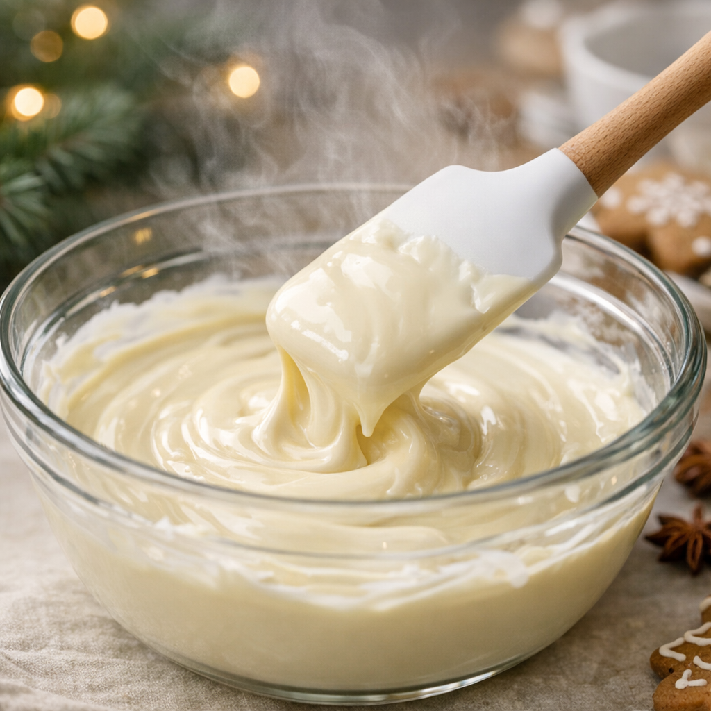 Close-up of creamy melted white chocolate being stirred in a glass bowl with a rubber spatula, steam rising gently, holiday kitchen background