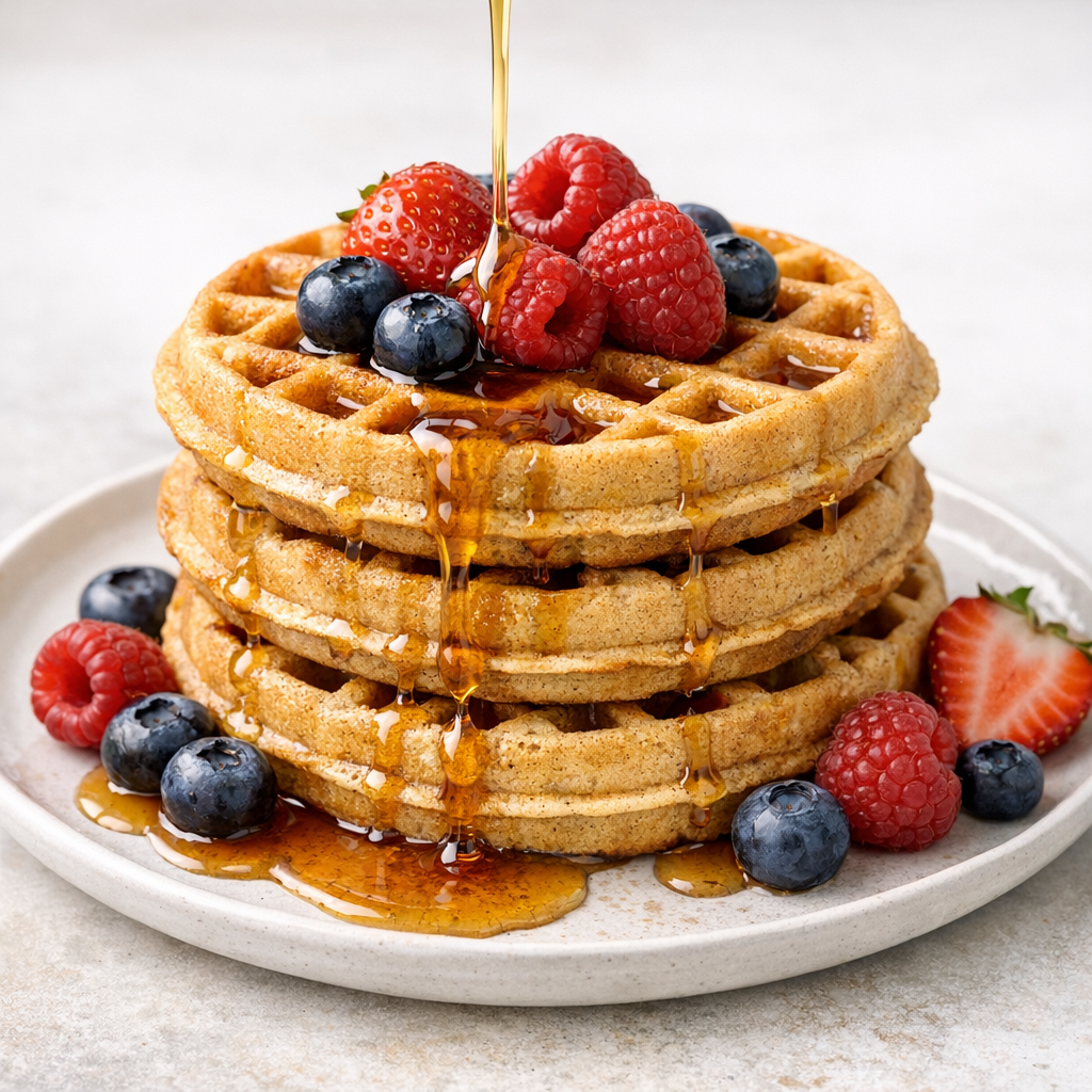 Close-up of fluffy Kodiak Cakes protein waffles stacked on a plate with fresh berries and maple syrup drizzle