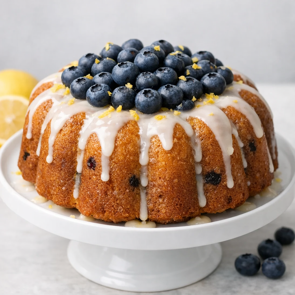 Close-up of a lemon blueberry bundt cake topped with sweet lemon glaze and fresh blueberries on a white cake stand