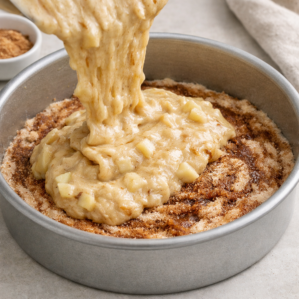 Close-up of moist cinnamon apple coffee cake batter being poured into an eight-inch cake pan with a cinnamon sugar swirl visible