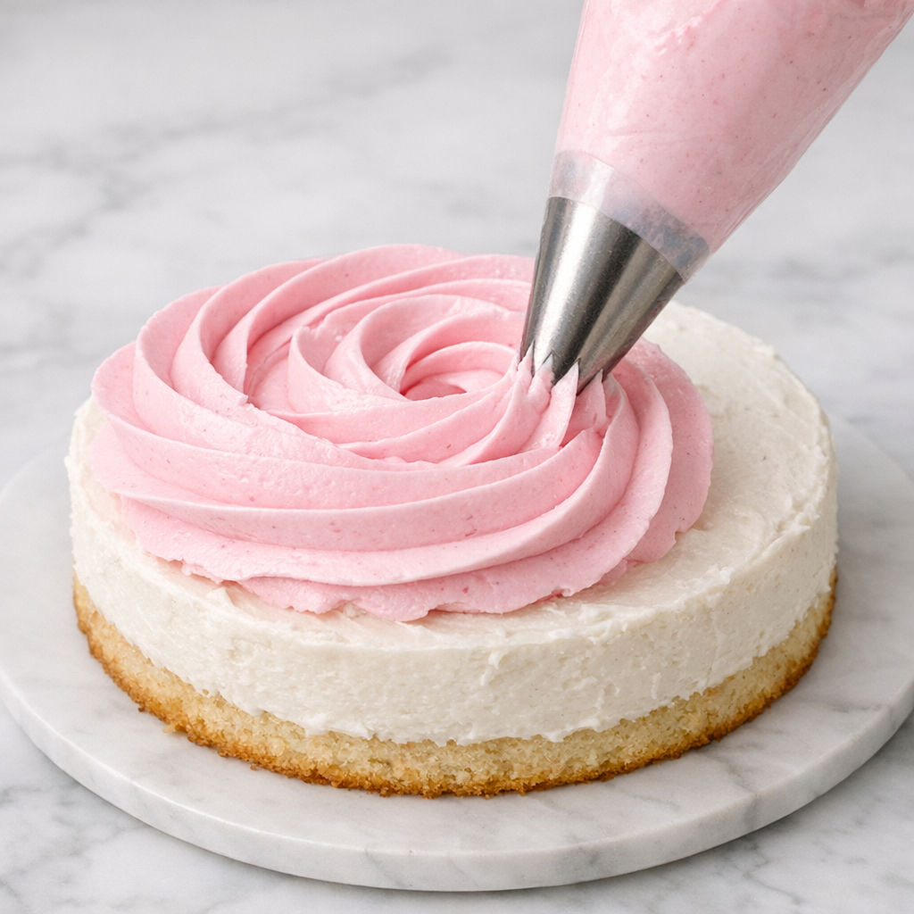 Close-up of pastel pink cotton candy buttercream being swirled onto a white cake layer with a piping bag on a marble countertop