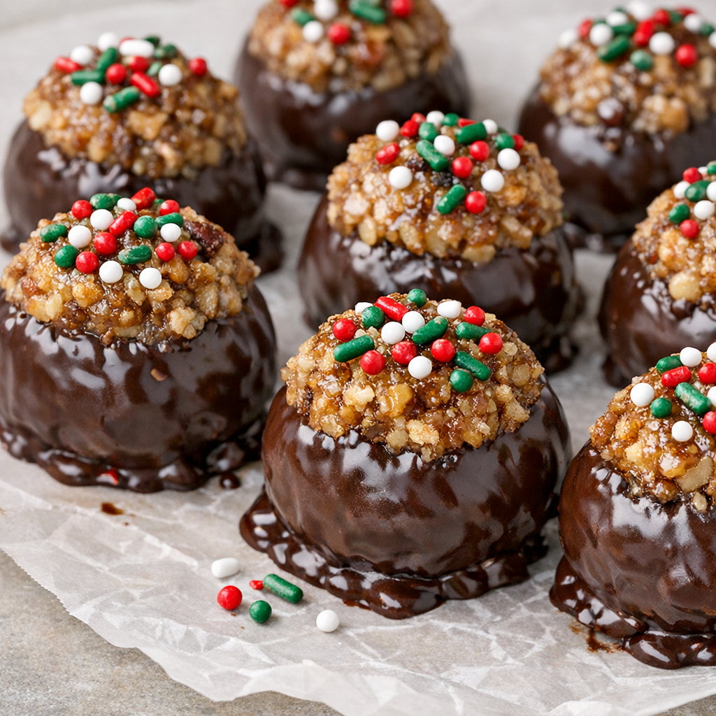 Close-up of pecan pie balls dipped in dark melted chocolate on wax paper with Christmas sprinkles on top