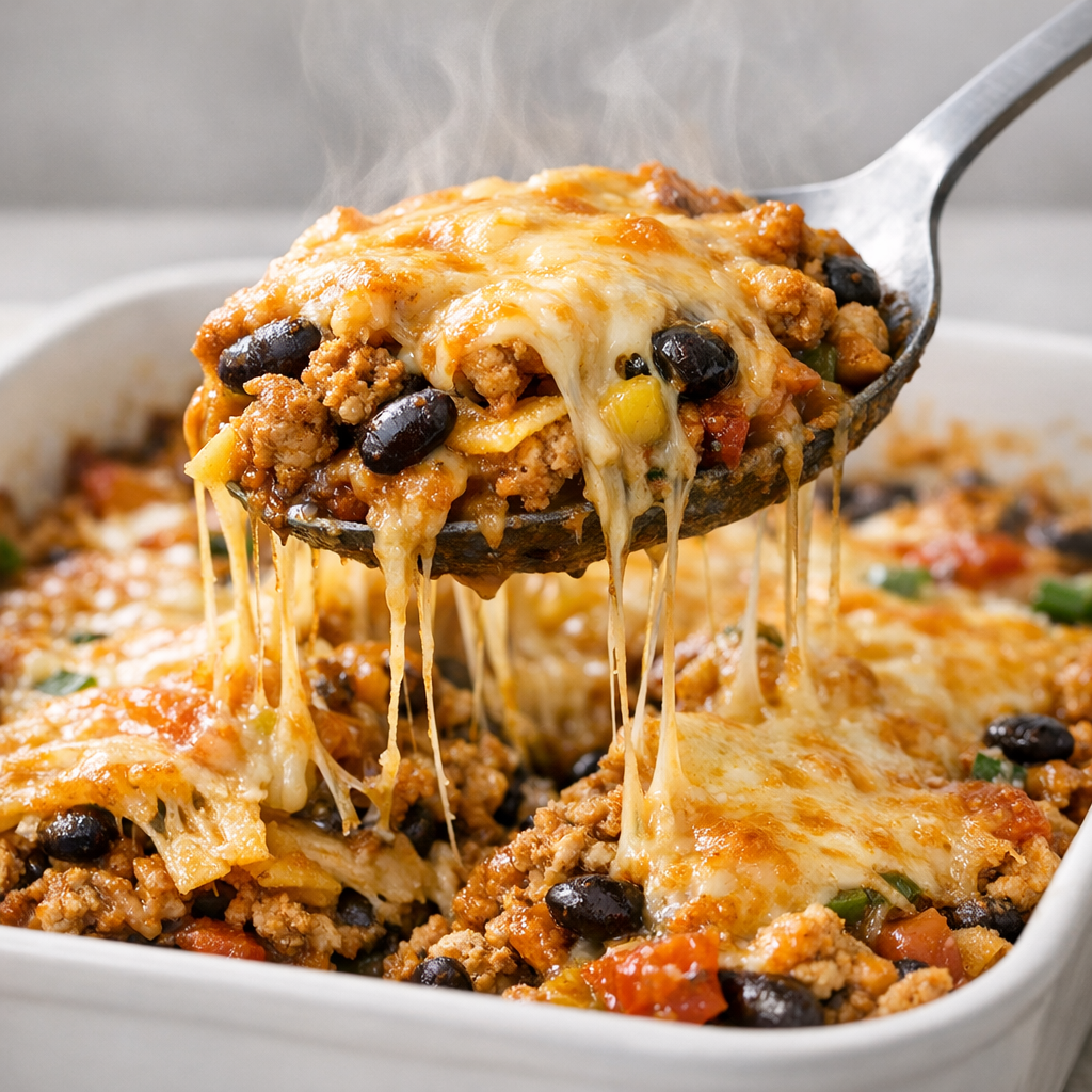 Close-up of a serving spoon lifting a cheesy portion of skinny taco casserole from a casserole dish, showing layers of corn tortillas, seasoned ground turkey, black beans, and melted cheese with steam rising