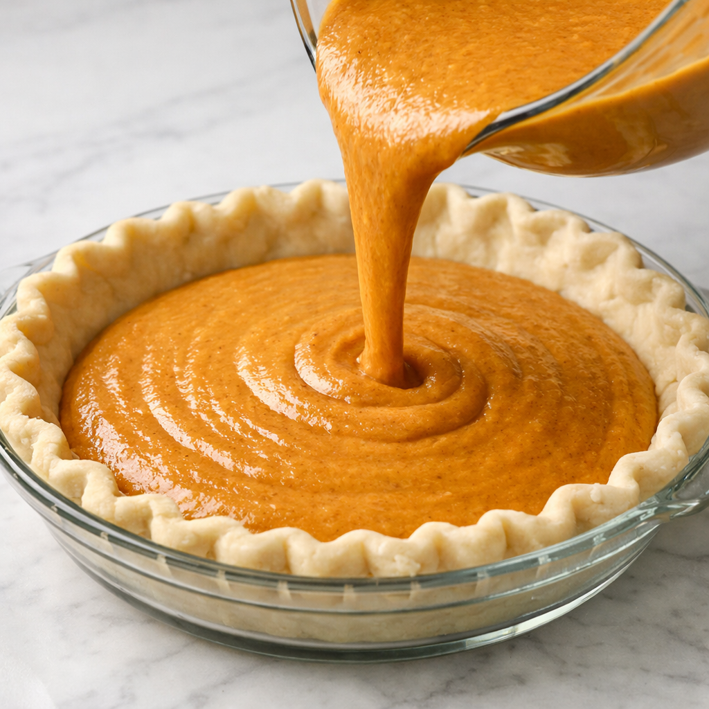 Close-up of smooth pumpkin pie filling being poured into an unbaked pie shell in a glass pie dish on a white marble kitchen counter