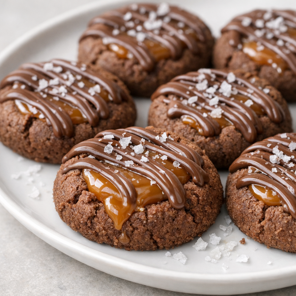 Close-up of twix thumbprint cookies on a white plate with gooey caramel filling in the center and a drizzle of melted milk chocolate on top, sprinkled with flaky sea salt