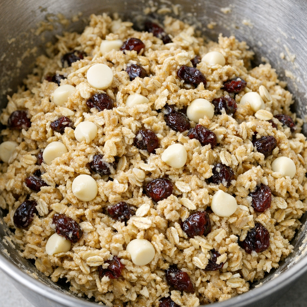 Close-up of white chocolate cranberry oatmeal cookie dough in a large mixing bowl with oats, dried cranberries, and white chocolate chips visible