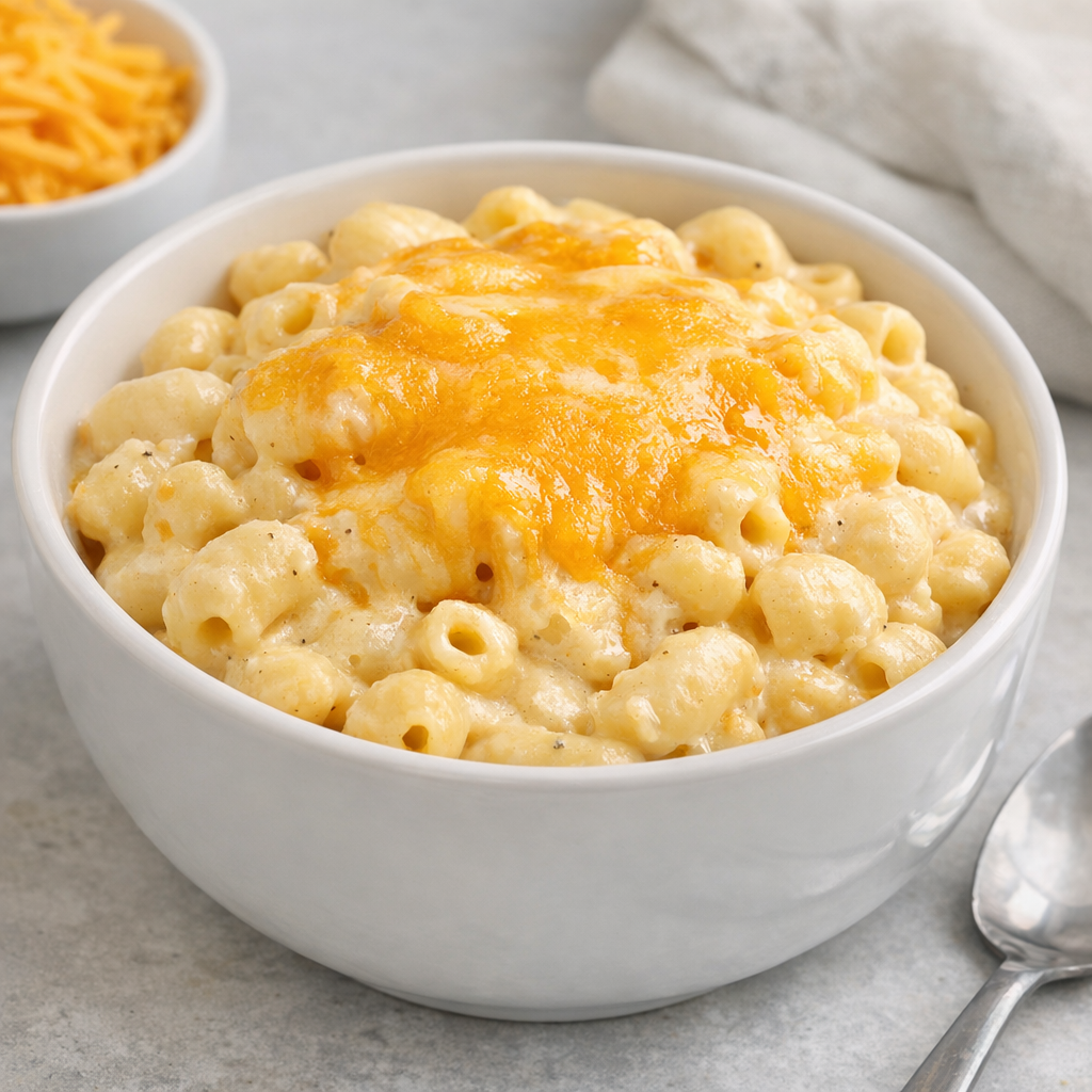 Creamy slow cooker mac and cheese in a white bowl with melted cheddar on top
