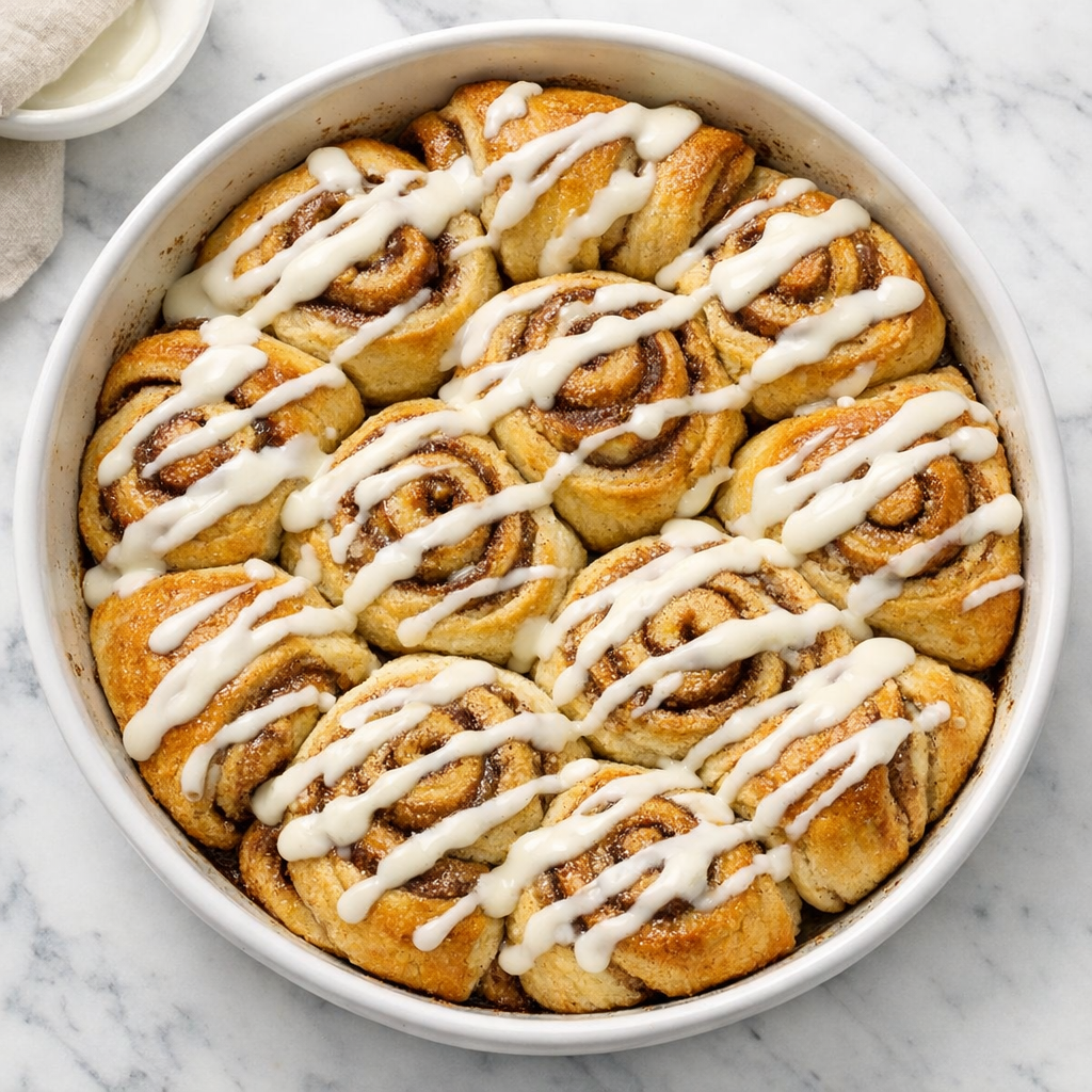 Crescent roll cinnamon rolls arranged in a round baking dish, golden brown on top, drizzled with cream cheese glaze, shot from above on a white marble counter