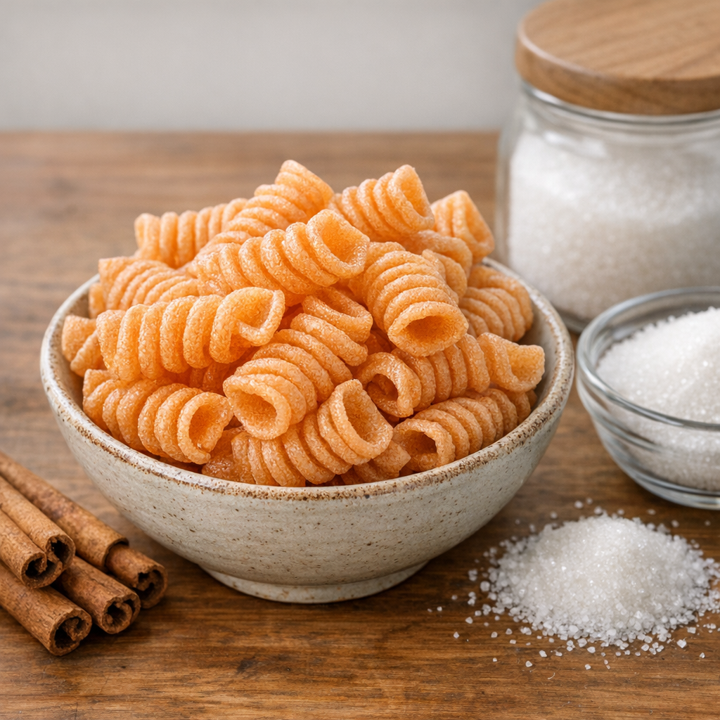 Dried spiral duros pasta para duros uncooked displayed in a small bowl on a wooden kitchen counter next to cinnamon sticks and sugar