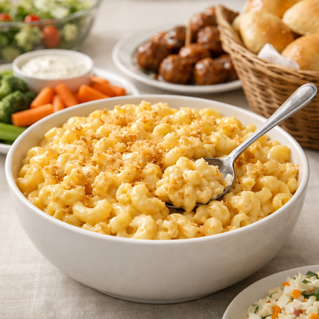 Family-style serving bowl of crockpot macaroni and cheese at a potluck table