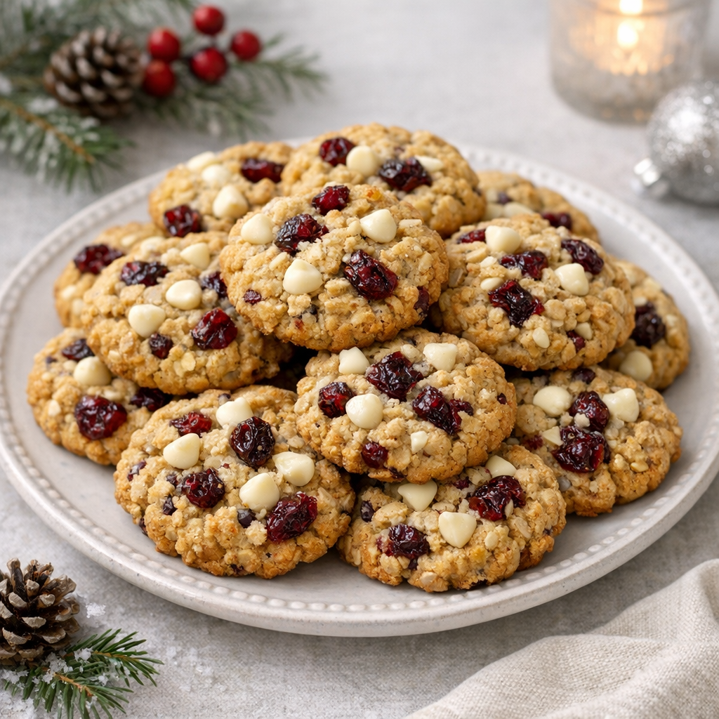 Festive plate of white chocolate and cranberry oat cookies with visible dried cranberries and white chocolate chips on a holiday cookie tray