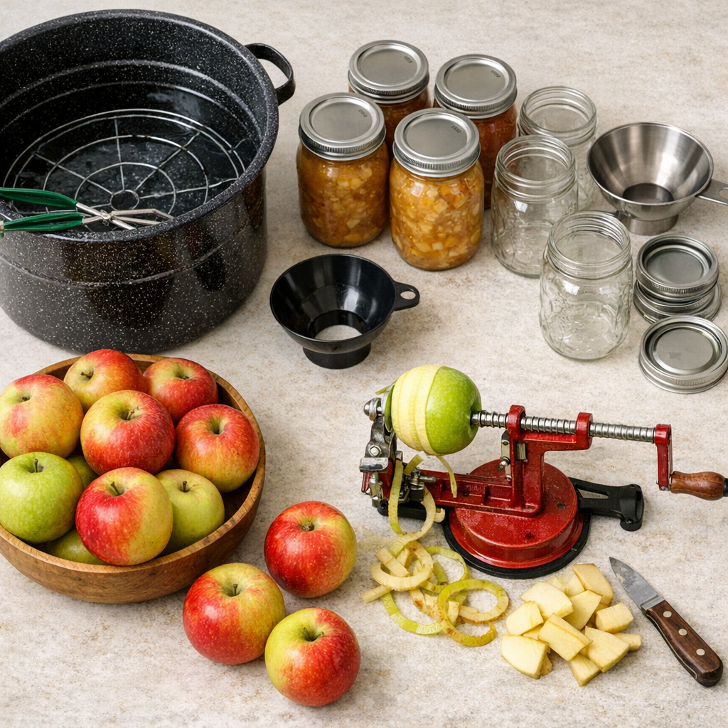 Flat lay of apple canning equipment including water bath canner, mason jars, apple peeler, and fresh apples on a farmhouse kitchen counter