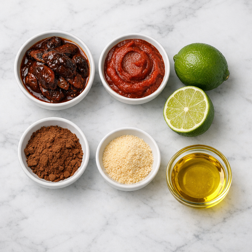 Flat lay of tex-mex paste ingredients including chipotle peppers in adobo sauce, tomato paste, lime, cocoa powder, garlic powder, and olive oil on a white marble surface