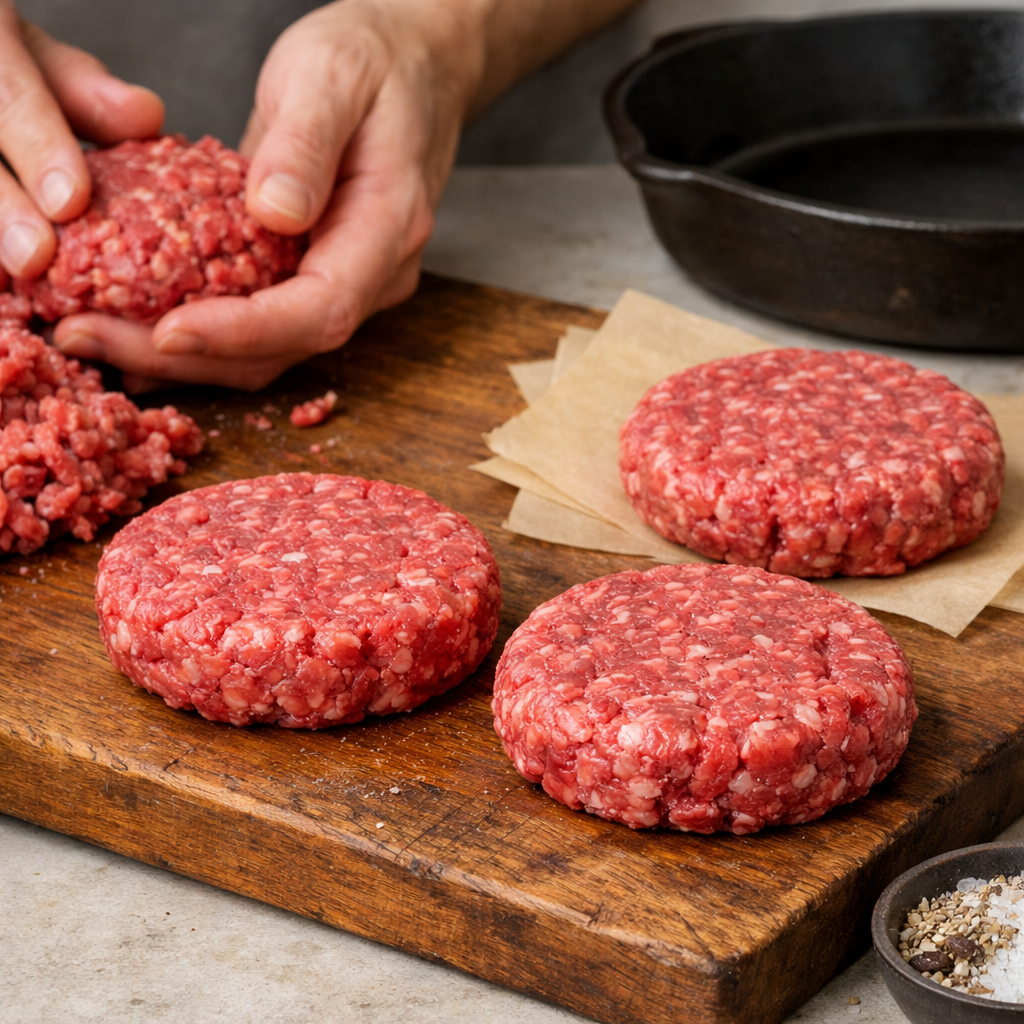 Fresh 80/20 ground beef being shaped into round hamburger patties on a wooden cutting board, ready for cast iron cooking