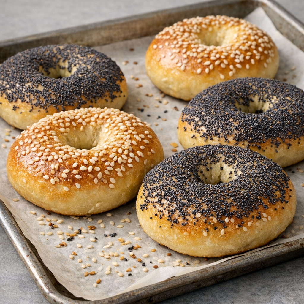 Fresh homemade bagels on parchment paper with sesame seeds and poppy seeds on a baking sheet